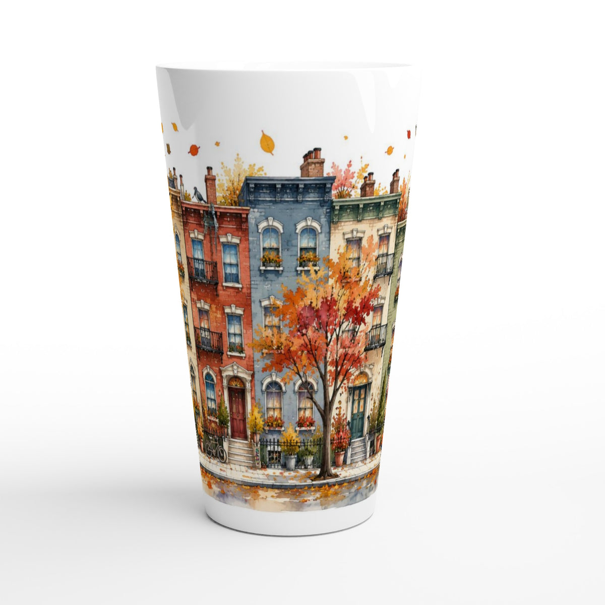 Weiße Latte Tasse mit Manhattan-Skyline im Hintergrund, historischen Häusern, bunten Herbstbäumen und kleinen Vögeln über den Dächern