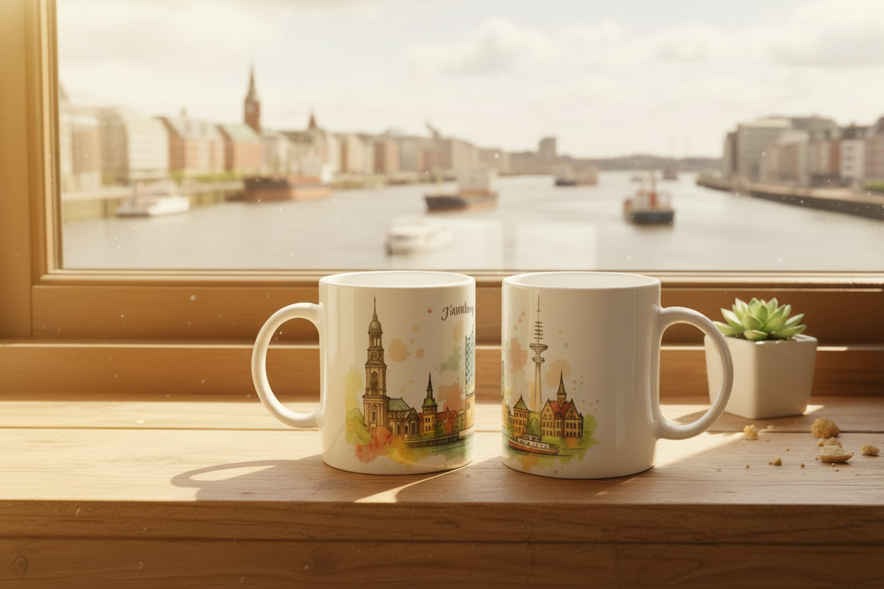Urban-Sketch-Motiv der Hansestadt Hamburg mit Skyline, Hafen und charakteristischen Gebaeuden