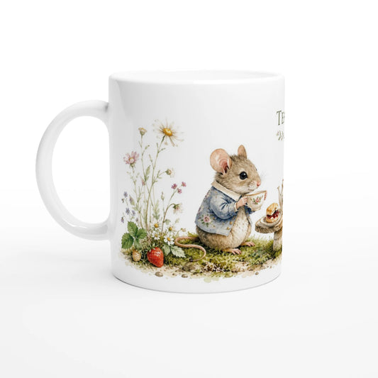 Aquarellmotiv mit britischer Tea Time und botanischen Gartendetails
