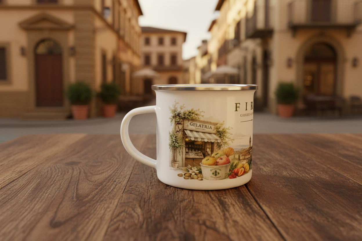 Detailreiche Illustration von Firenze mit Santa Maria del Fiore, Ponte Vecchio, italienischer Gelateria und typischen Spezialitäten der Toskana.