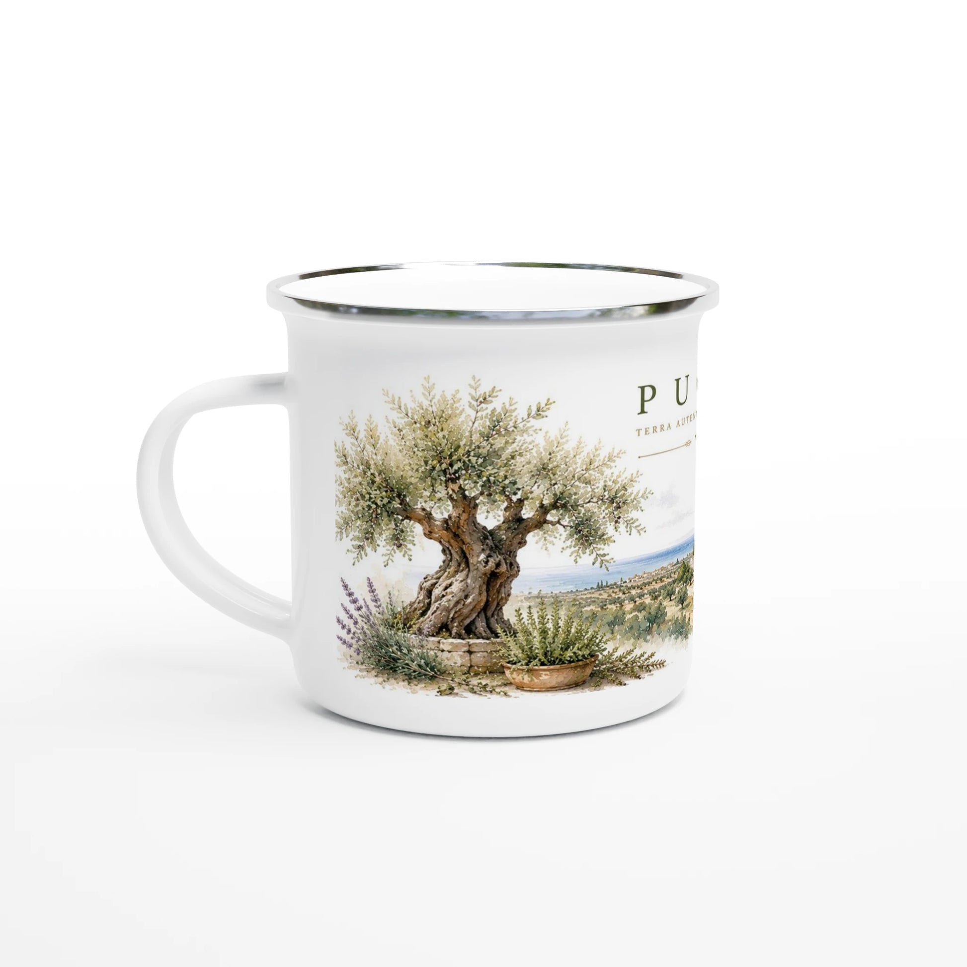 Weisser Emaille-Becher mit einer detailreichen Aquarellillustration von Apulien mit einem jahrhundertealten Olivenbaum, weissen Doerfern und mediterranen Olivenhainen.