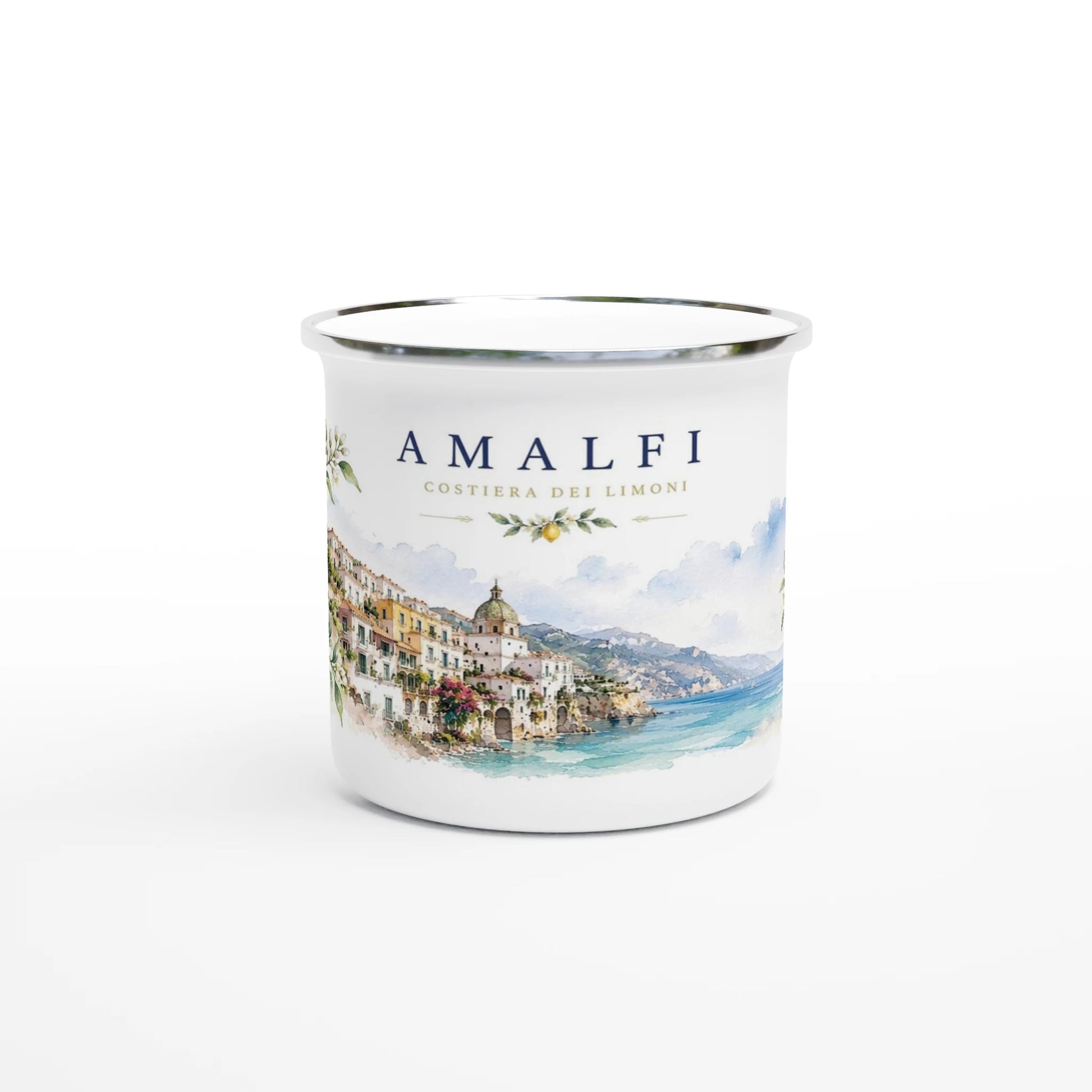 Mediterranes Landschaftsdesign auf weißem Emaille-Becher mit Silberrand