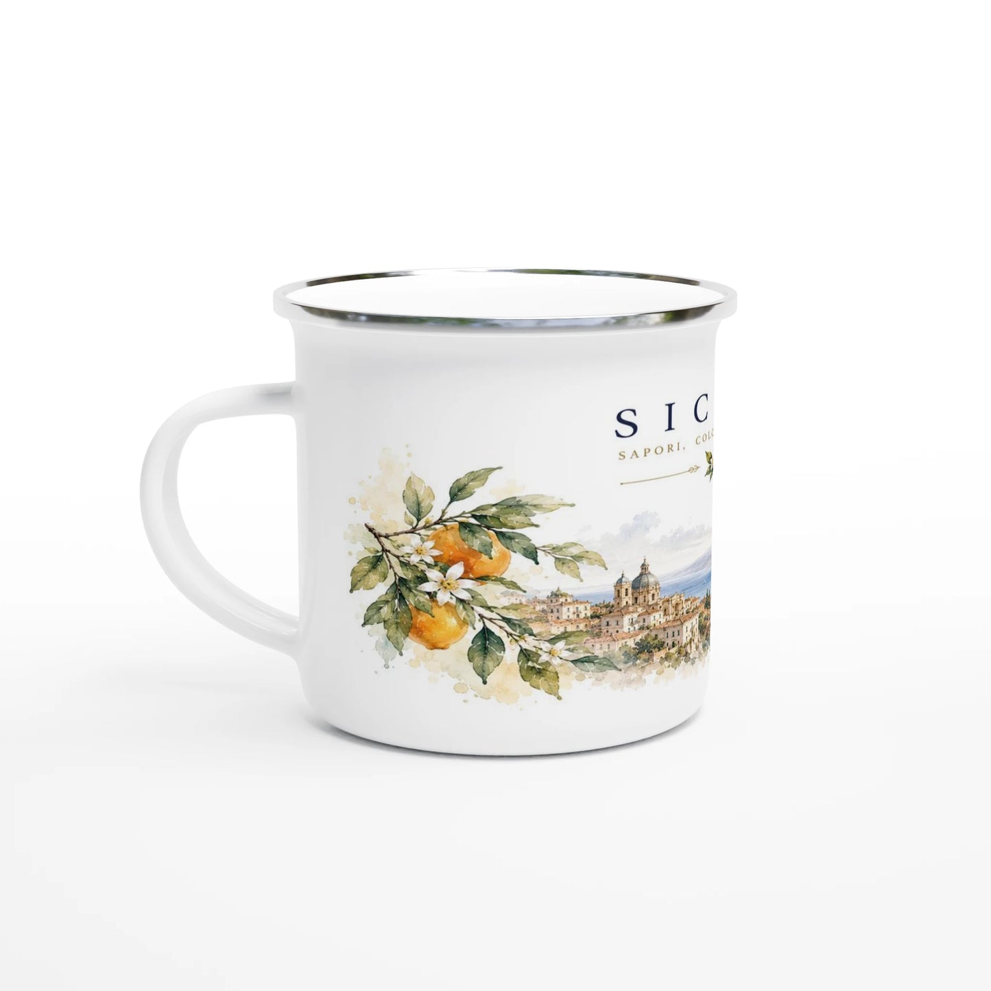 Weißer Emaille-Becher mit Sicilia Aquarellmotiv und Ätna