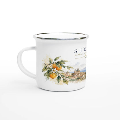 Weißer Emaille-Becher mit Sicilia Aquarellmotiv und Ätna