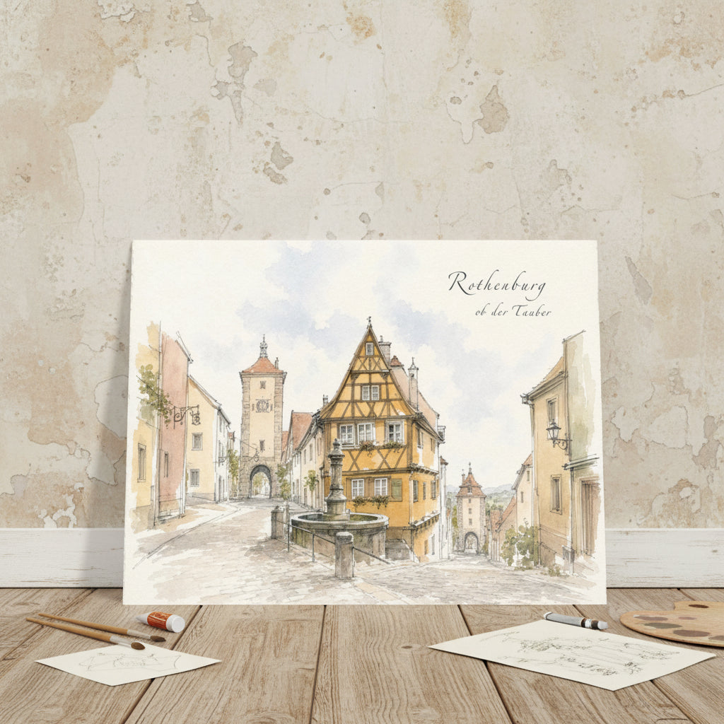 Künstlerische Stadtansicht von Rothenburg mit Kopfsteinpflaster, Fachwerk und Stadttor