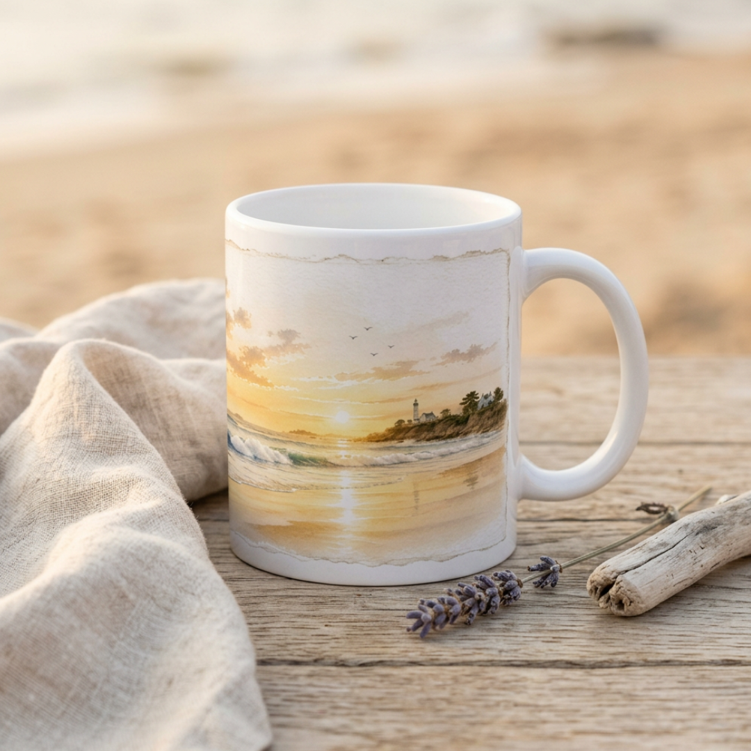 Keramiktasse mit Surfer am Strand, Sonnenuntergang und ruhigem Meeresmotiv