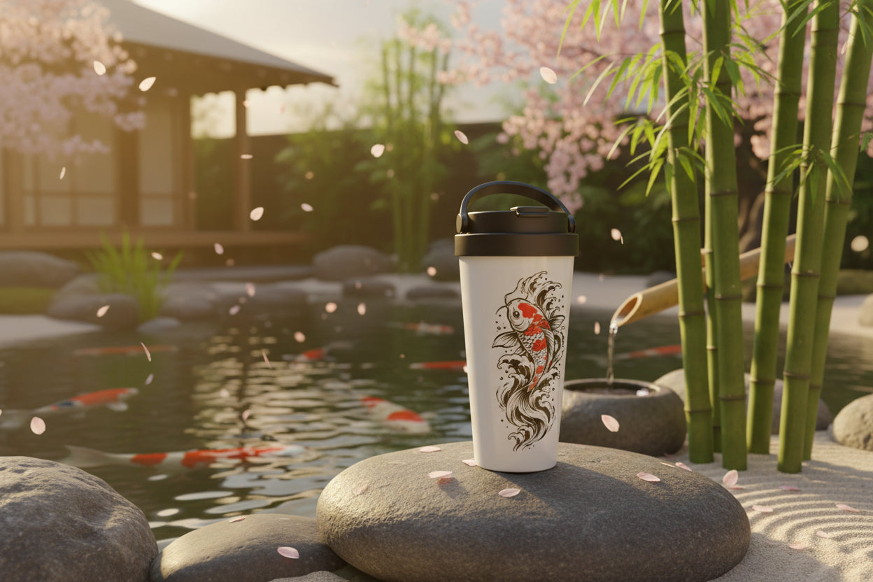 Minimalistischer Coffee-to-go Becher mit asiatischem Koi Design
