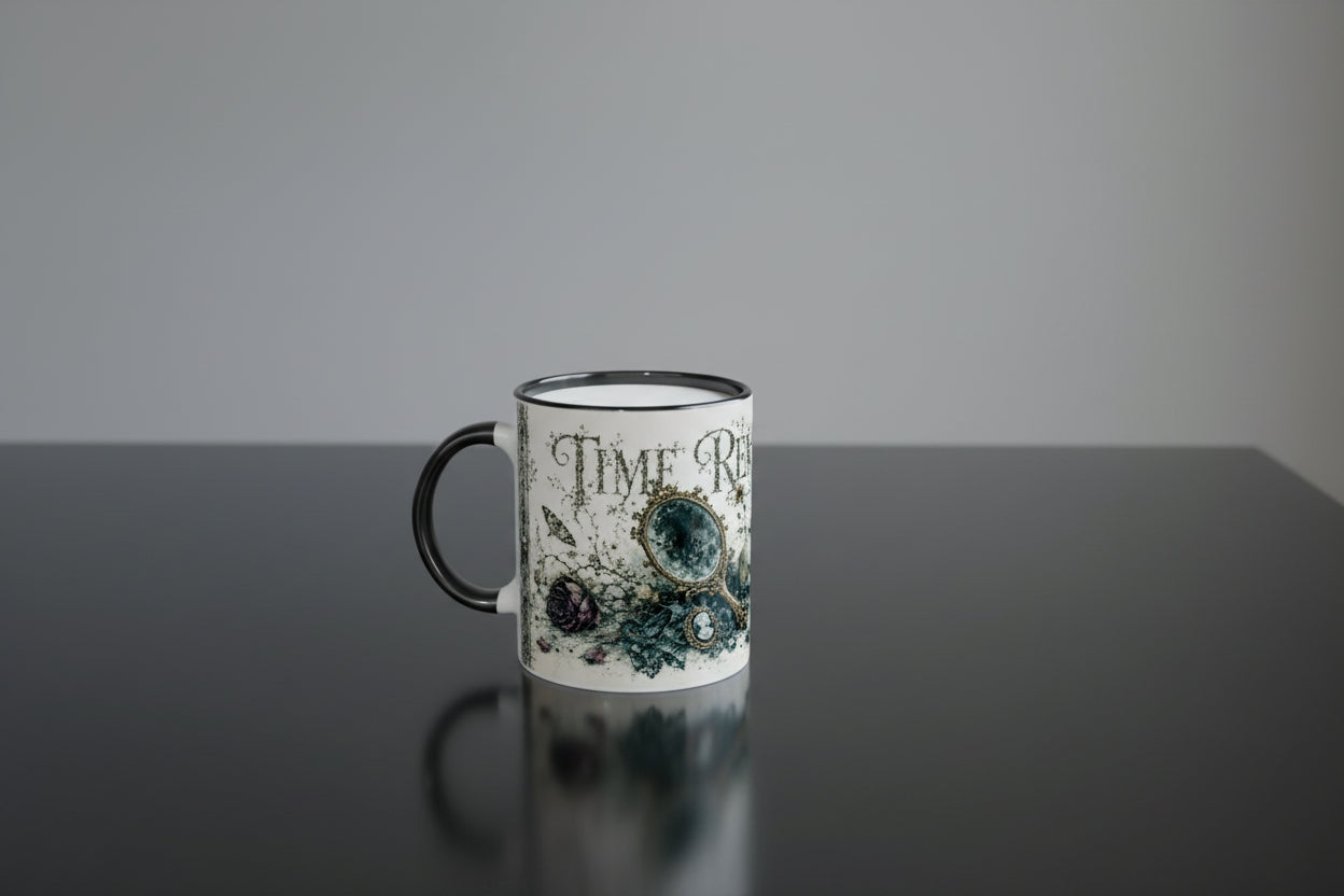 Dark-Academia-Tasse mit antikem Spiegel, Kamee, Flakon und verwelkenden Blumen