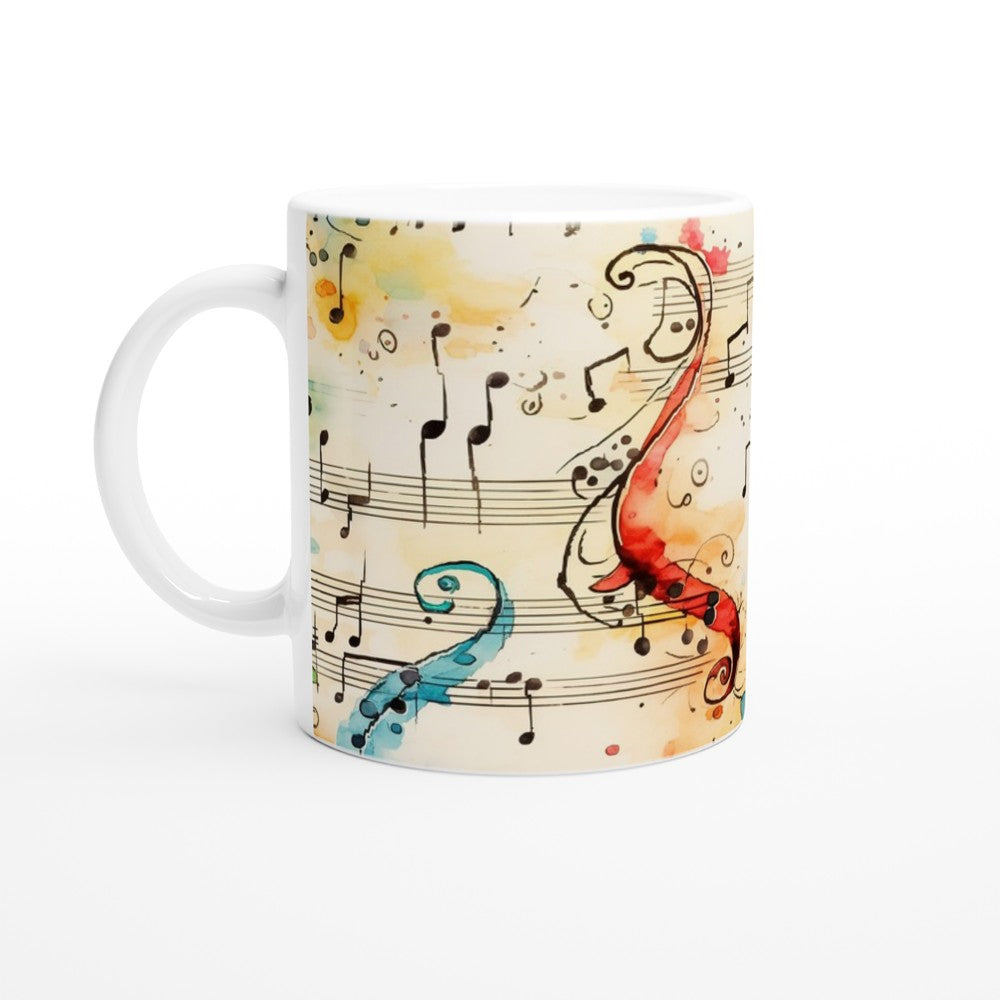 Musik Tasse mit Violinschlüssel und fließenden Noten als harmonische Aquarellillustration