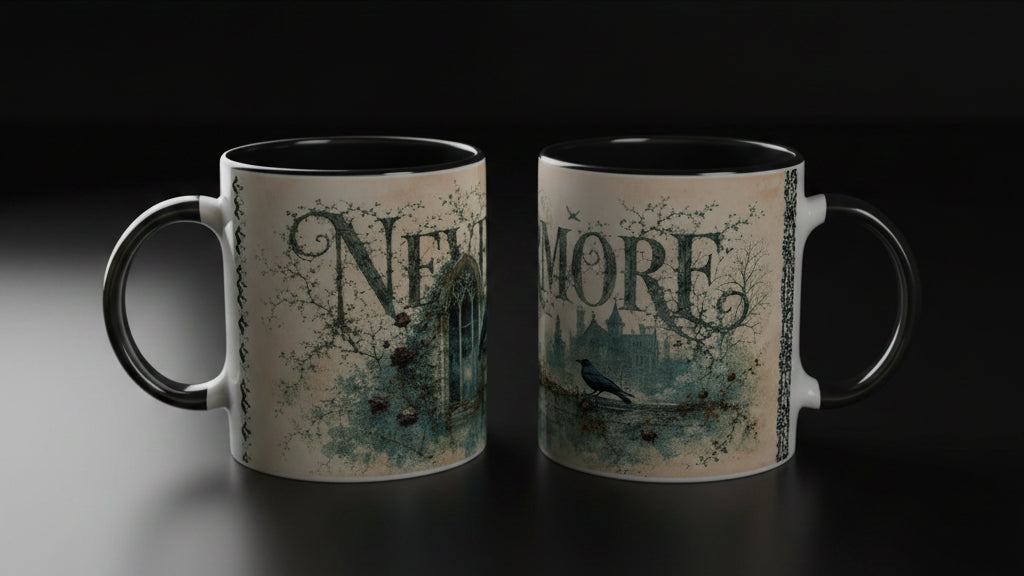 Weiße Tasse mit schwarzer Innenseite und melancholischer Rabenillustration in Blaugrau