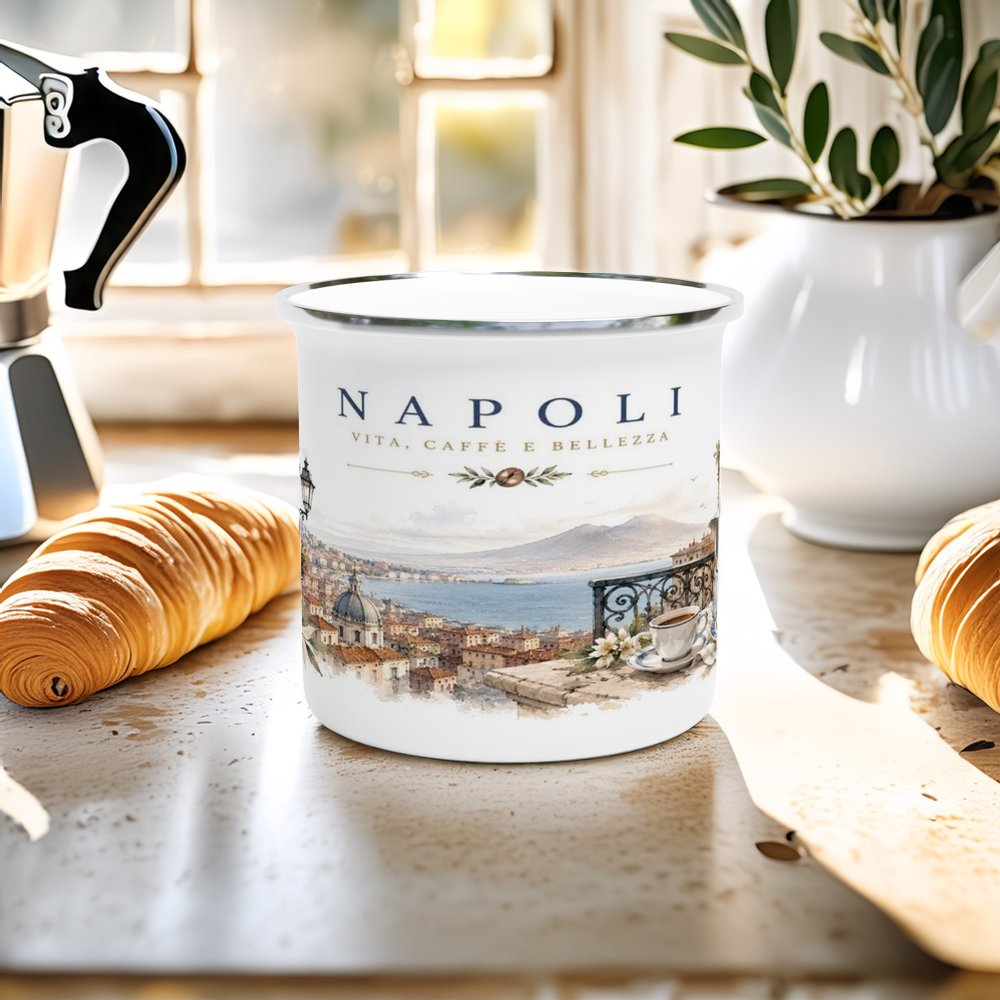 Historische Architektur von Napoli auf weißem Emaille-Becher