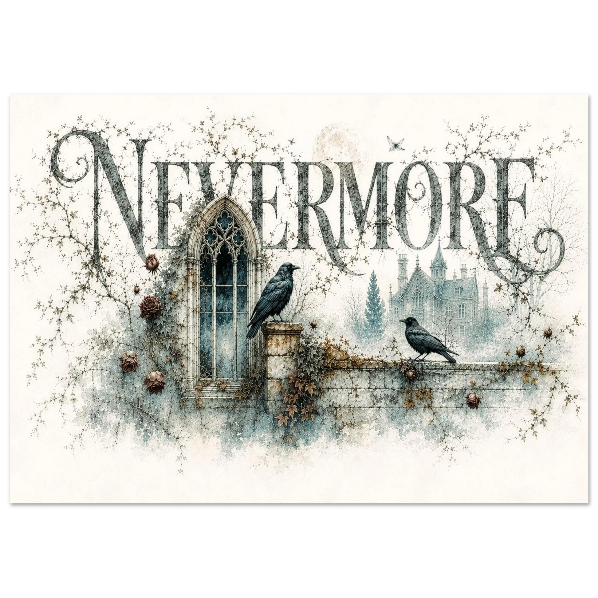 Nevermore Gothic Kunstdruck mit zwei Raben, verwittertem Spitzbogenfenster und alter Gartenmauer