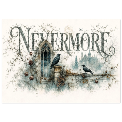 Nevermore Gothic Kunstdruck mit zwei Raben, verwittertem Spitzbogenfenster und alter Gartenmauer