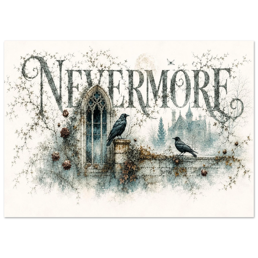 Nevermore Gothic Kunstdruck mit zwei Raben, verwittertem Spitzbogenfenster und alter Gartenmauer
