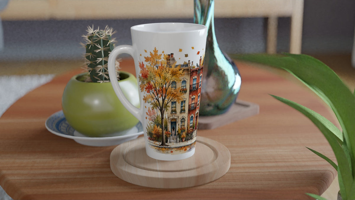 Schlanke weiße 440-ml-Latte-Tasse mit farbenfroher Aquarellszene aus New Yorker Stadthäusern, Herbstlaub und Empire State Building