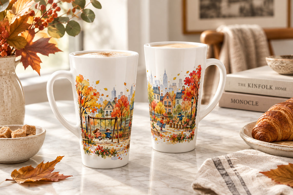 Latte Tasse mit herbstlichem New-York-Aquarellmotiv aus Stadtpark, spielenden Kindern, bunten Bäumen, Stadthäusern und Skyline