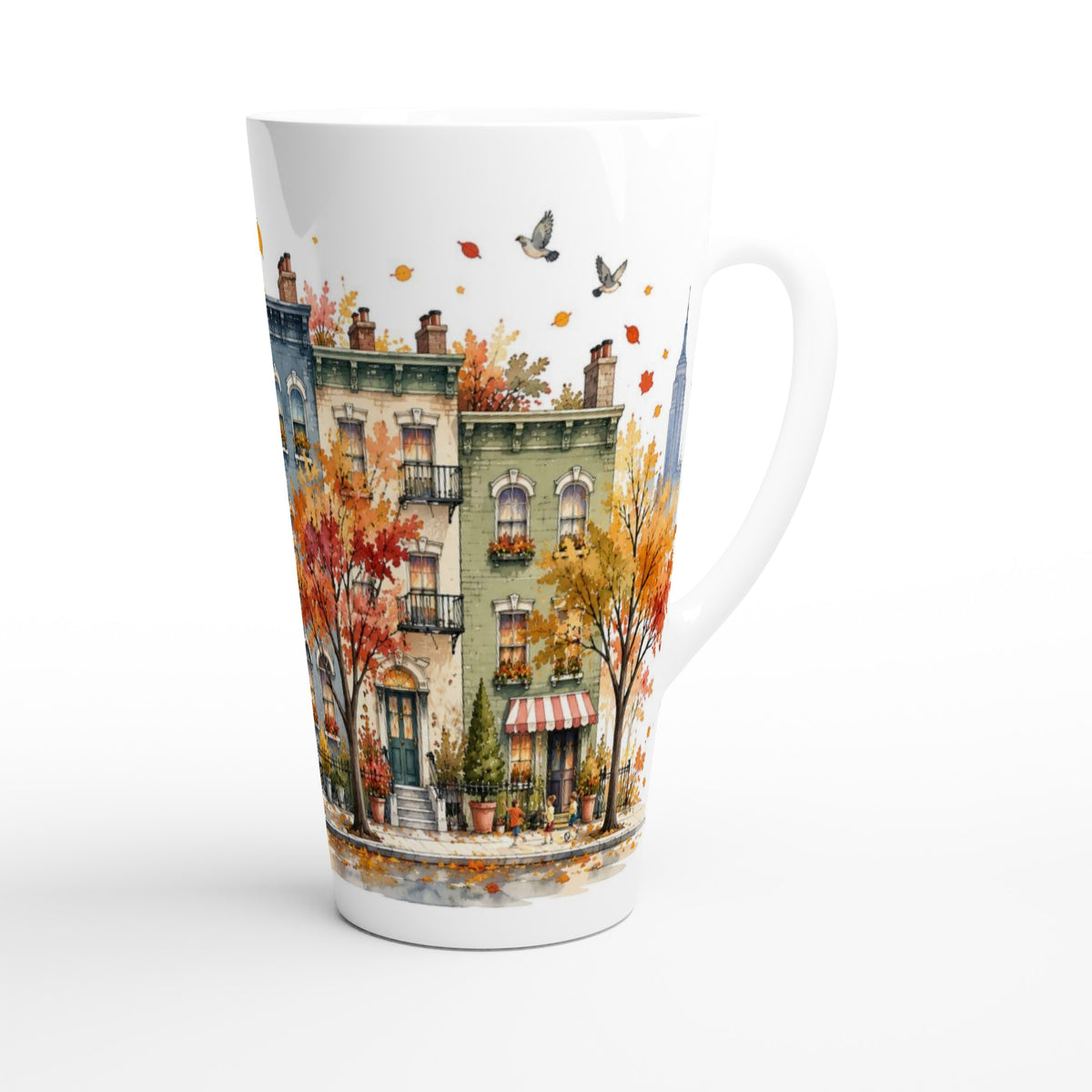 Weiße Latte Tasse mit herbstlichem New-York-Aquarellmotiv aus farbigen Stadthäusern, orangefarbenen Bäumen und Manhattan-Skyline