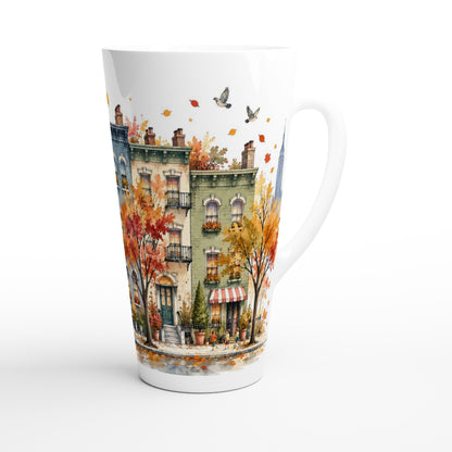 Weiße Latte Tasse mit herbstlichem New-York-Aquarellmotiv aus farbigen Stadthäusern, orangefarbenen Bäumen und Manhattan-Skyline