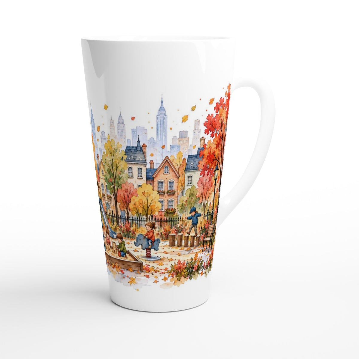 Weiße 440-ml-Latte-Tasse mit herbstlicher New-York-Illustration, Parkszene, roten und gelben Bäumen sowie Skyline im Hintergrund
