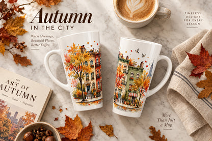 Weiße 440-ml-Latte-Tasse mit aquarellierten New Yorker Stadthäusern, gelben und orangefarbenen Herbstbäumen und fallendem Laub
