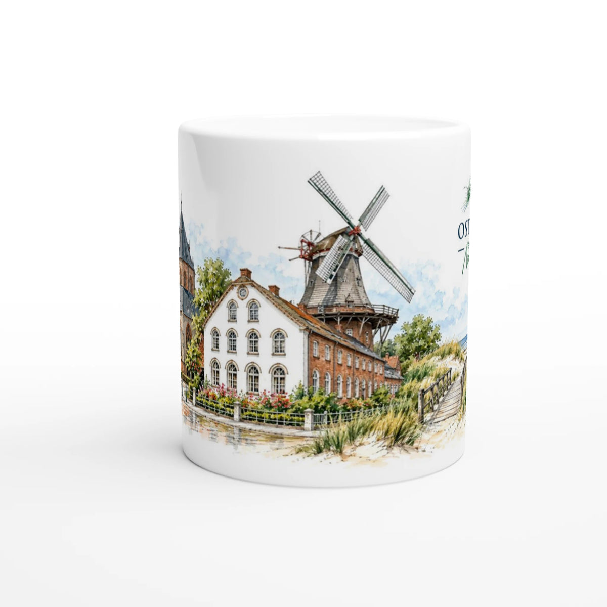 Keramiktasse 330 ml mit Norden–Norddeich Aquarellmotiv aus Ostfriesland, historischen Kirchen, Windmühle, Nordseestrand, Dünen und blau-weißem Strandkorb
