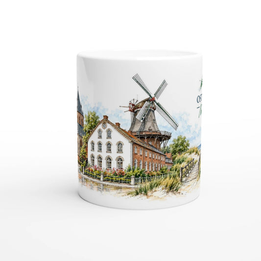 Keramiktasse 330 ml mit Norden–Norddeich Aquarellmotiv aus Ostfriesland, historischen Kirchen, Windmühle, Nordseestrand, Dünen und blau-weißem Strandkorb