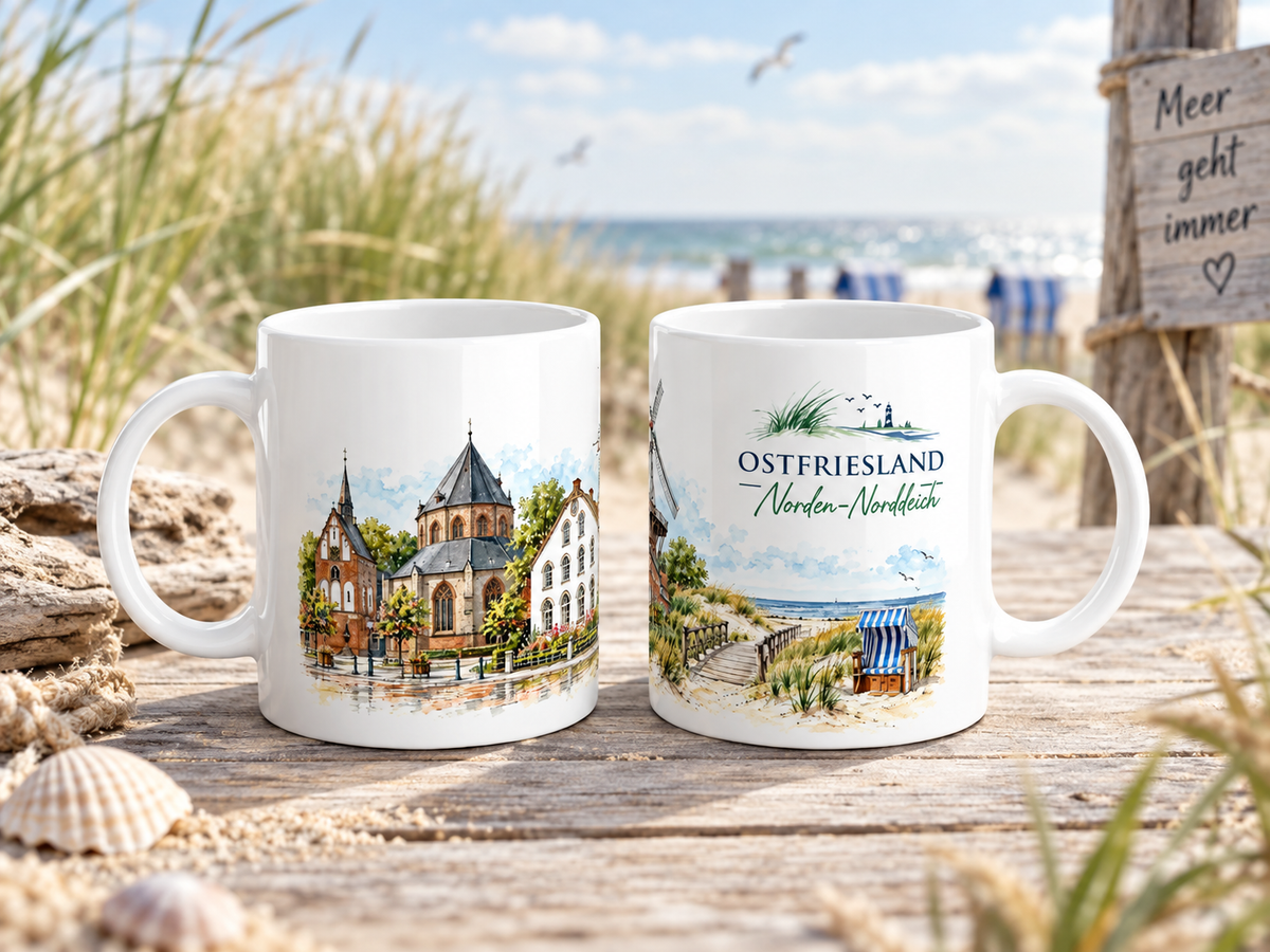 Weiße Norden–Norddeich Keramiktasse mit maritimer Aquarellillustration von ostfriesischer Architektur, Windmühle, Dünenlandschaft und Nordseestrand