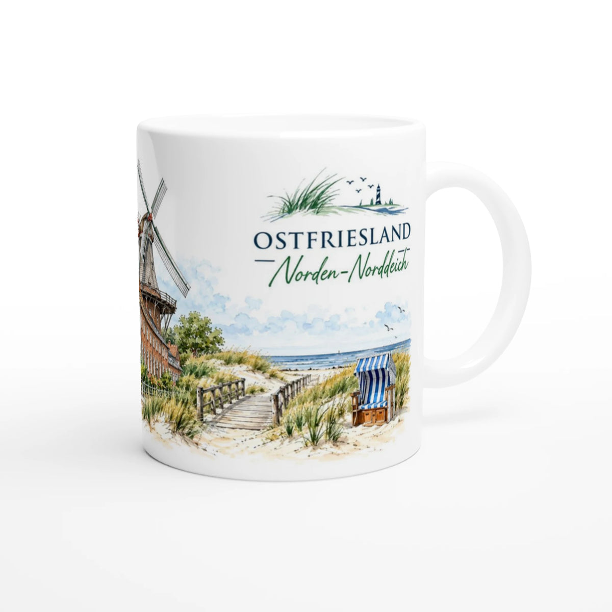 Aquarellillustration der ostfriesischen Stadt Norden mit historischen Kirchen, markanten Backsteintürmen, traditioneller Architektur, Bäumen und blühenden Blumen