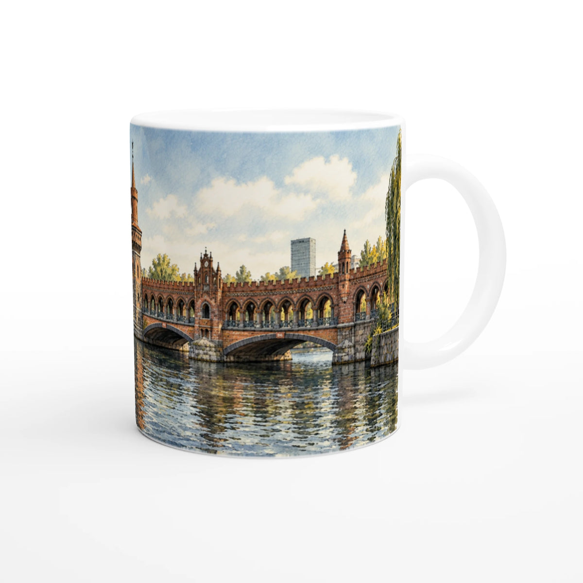 Berlin Souvenir Tasse 330 ml mit künstlerischer Oberbaumbrücke Illustration als Reiseerinnerung für Besucher und Freunde der Hauptstadt.