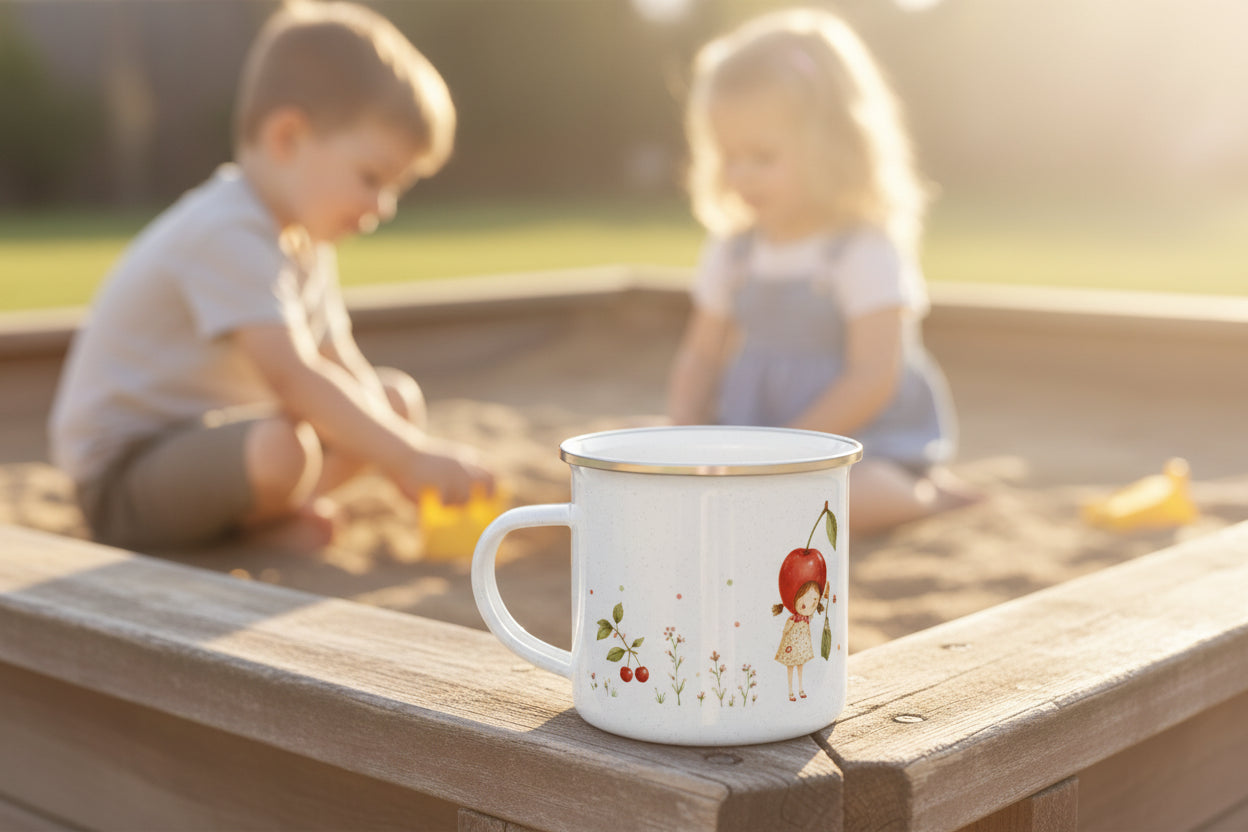 Liebevoll gestalteter Emaille-Becher mit zwei Kirschkindern, die gemeinsam einen Spatz beobachten und von feinen Blumen und Kirschzweigen umgeben sind.