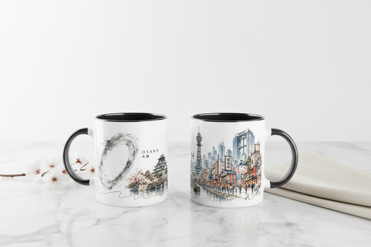 Aquarellmotiv von Osaka Castle mit Kirschblüten, Brücke, Wasser und japanischer Architektur in weichen Rosé- und Naturtönen