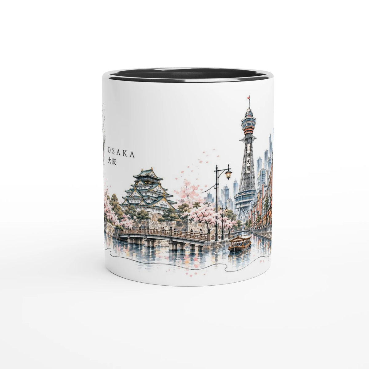 Osaka Illustration mit Dotonbori-inspirierter Straßenkulisse, japanischen Leuchtschildern, Fassaden und belebter Uferpromenade