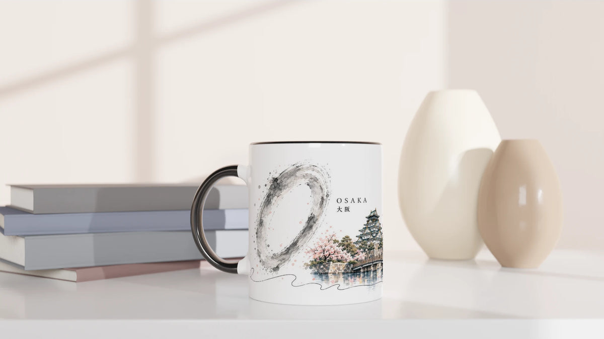 Großes frei gemaltes Tusche-O neben der Osaka Stadtillustration im japanisch inspirierten Stil der Serie Sakura & Steel