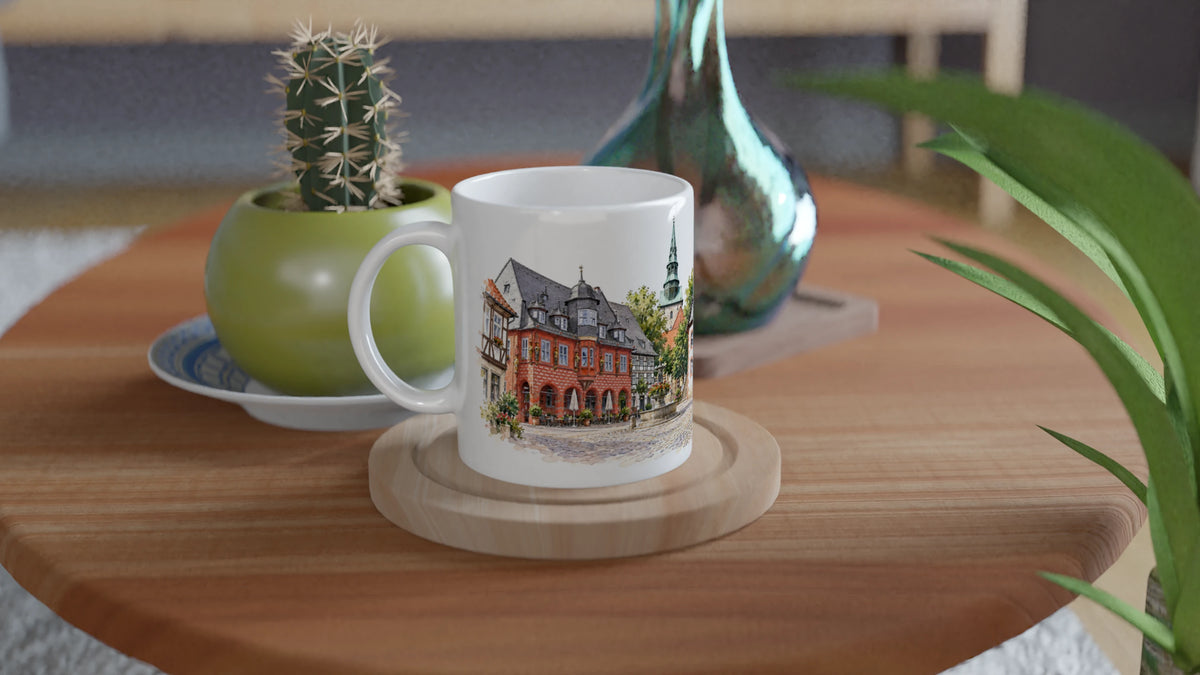 Osterode Stadtillustration mit Altstadt und der Ruine der Alten Burg auf der bewaldeten Höhe im Hintergrund