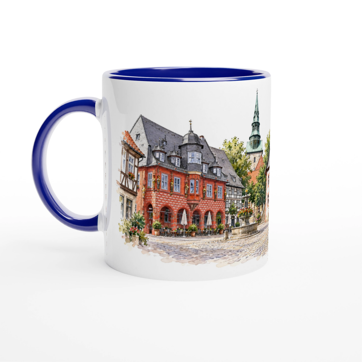 Aquarellillustration der Osteroder Altstadt mit Fachwerkhäusern, historischem Platz, Blumen und traditioneller Harzer Architektur