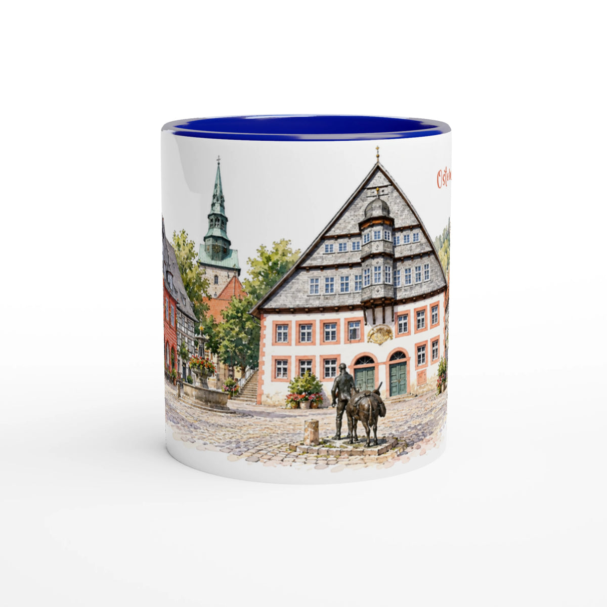 Detail des Osterode Aquarellmotivs mit Eseltreiber und Esel vor der historischen Altstadt als Erinnerung an den Warenverkehr in den Oberharz