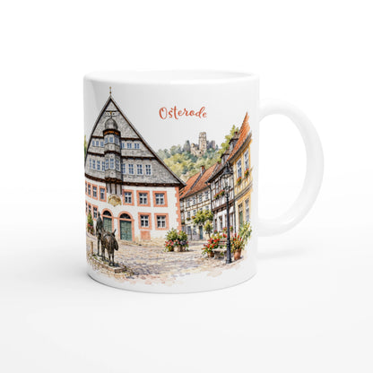 Osterode am Harz Keramiktasse 330 ml mit Aquarellillustration der historischen Altstadt, Fachwerkhäusern, Eseltreiberdenkmal und Kirchturm