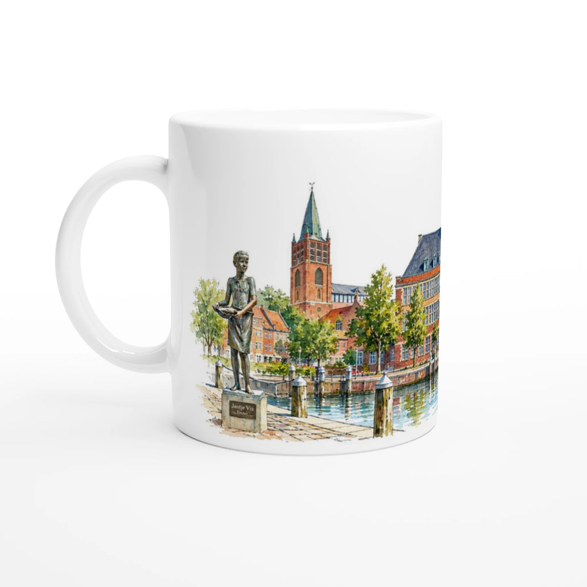 Ostfriesland-Emblem mit stilisiertem Leuchtturm, Möwen und Dünengras über dem grünen Schriftzug Emden als Bestandteil der maritimen Aquarellillustration