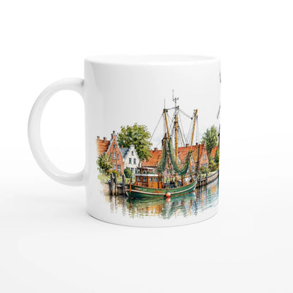 Maritimes Ostfriesland-Emblem mit stilisiertem Leuchtturm, Möwen und Dünengras über dem grünen Schriftzug Greetsiel als Bestandteil der Aquarellillustration