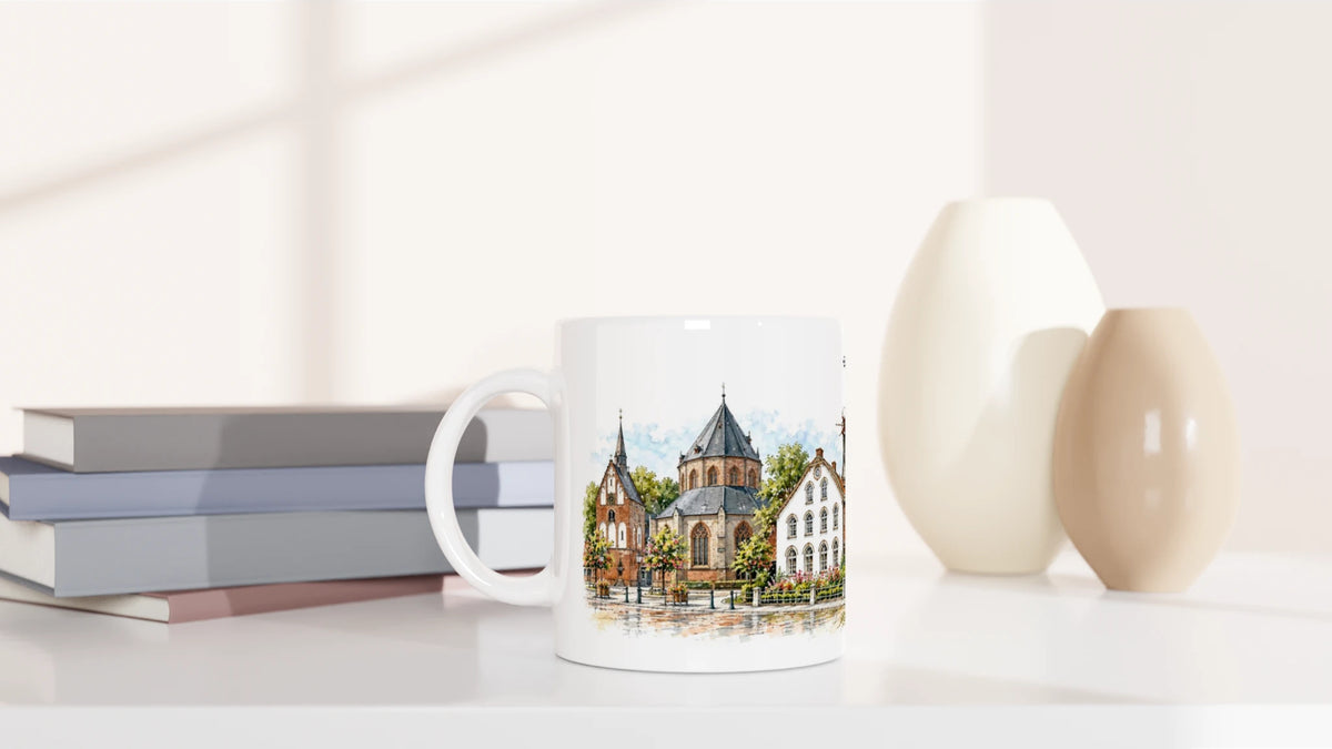 Maritimes Ostfriesland-Emblem mit stilisiertem Leuchtturm, Möwen und Dünengras über dem Schriftzug Norden–Norddeich als Bestandteil der handgezeichneten Ortsillustration