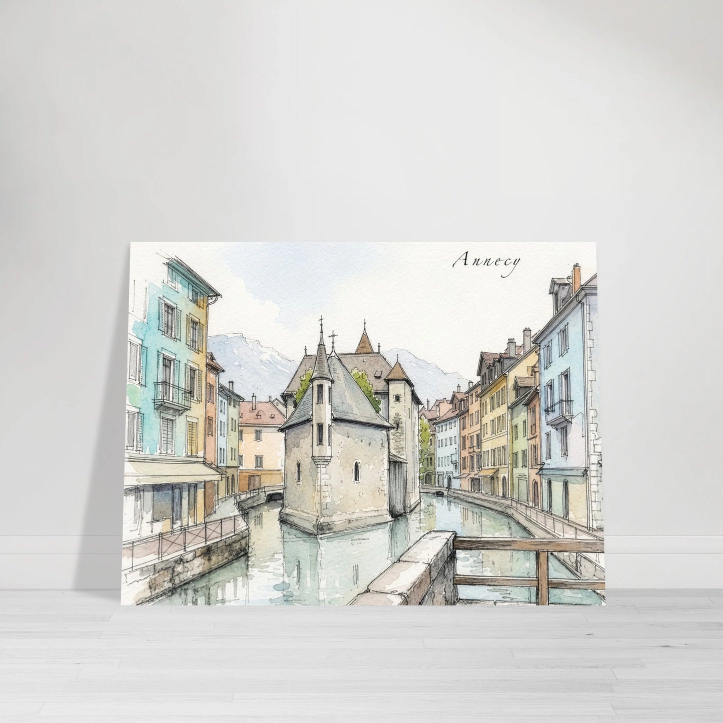 Aquarellillustration des Palais de l’Île im französischen Annecy