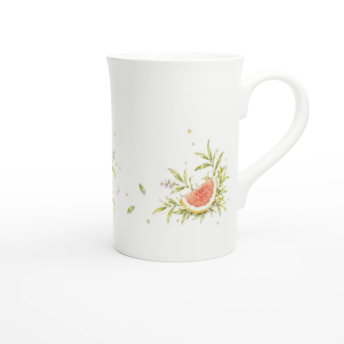 Pampelmuse Tasse aus weißem Porzellan mit gelber Zitrusfrucht und rosafarbenem Fruchtfleisch im Aquarellstil