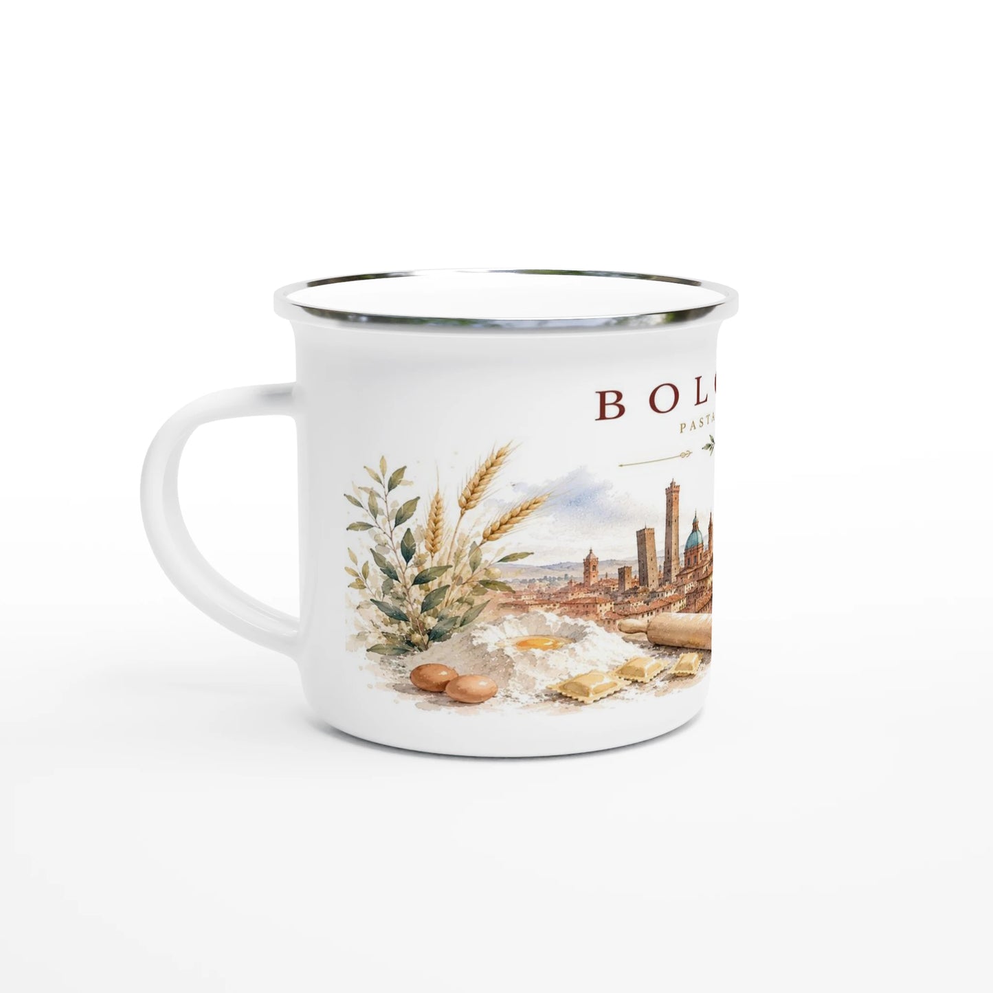 Mediterranes Stadtmotiv auf weißem Emaille-Becher mit Silberrand