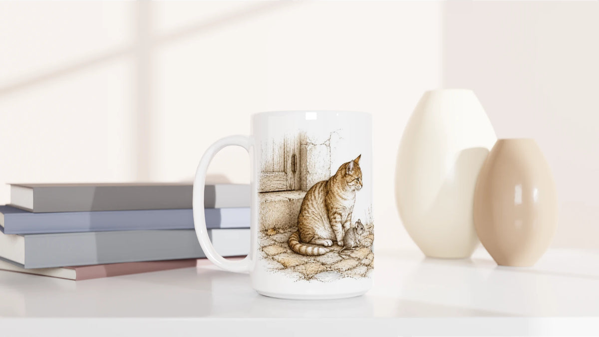 Personalisierbare Katze und Maus Tasse mit Platz für eine eigene längere Textzeile wie Spruch, Wunsch, Zitat, Widmung oder persönlichen Vers.