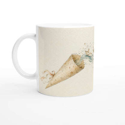Personalisierte Schultüten Tasse mit Buch, Papierboot und Sternen im Aquarellstil