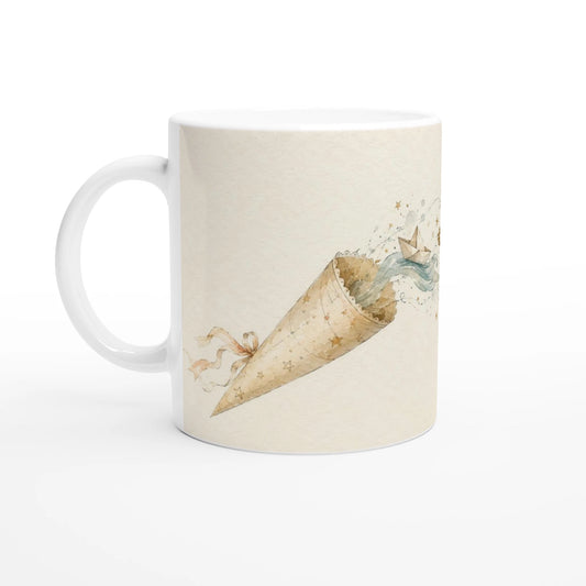 Personalisierte Schultüten Tasse mit Buch, Papierboot und Sternen im Aquarellstil