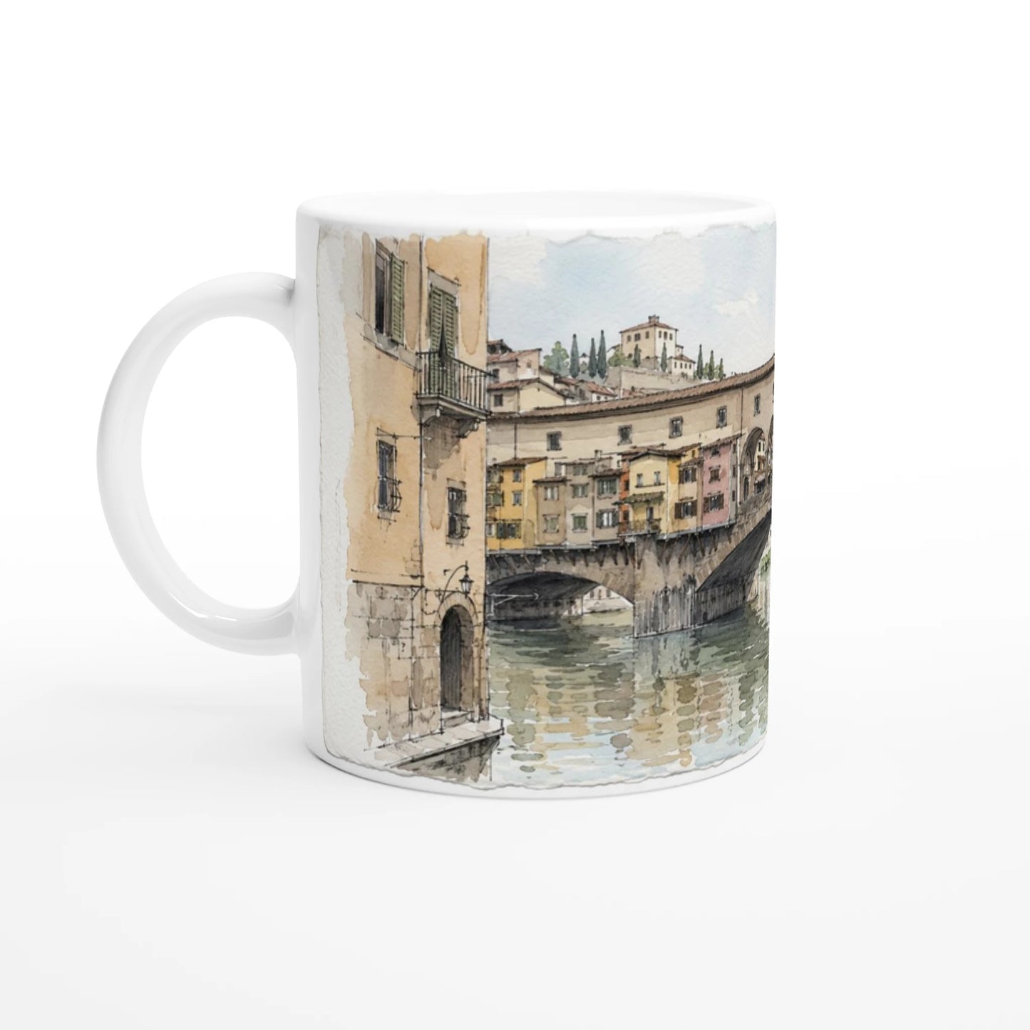 Florenz Keramiktasse mit feinen Tuschelinien, transparenten Aquarellfarben und Blick auf den Arno