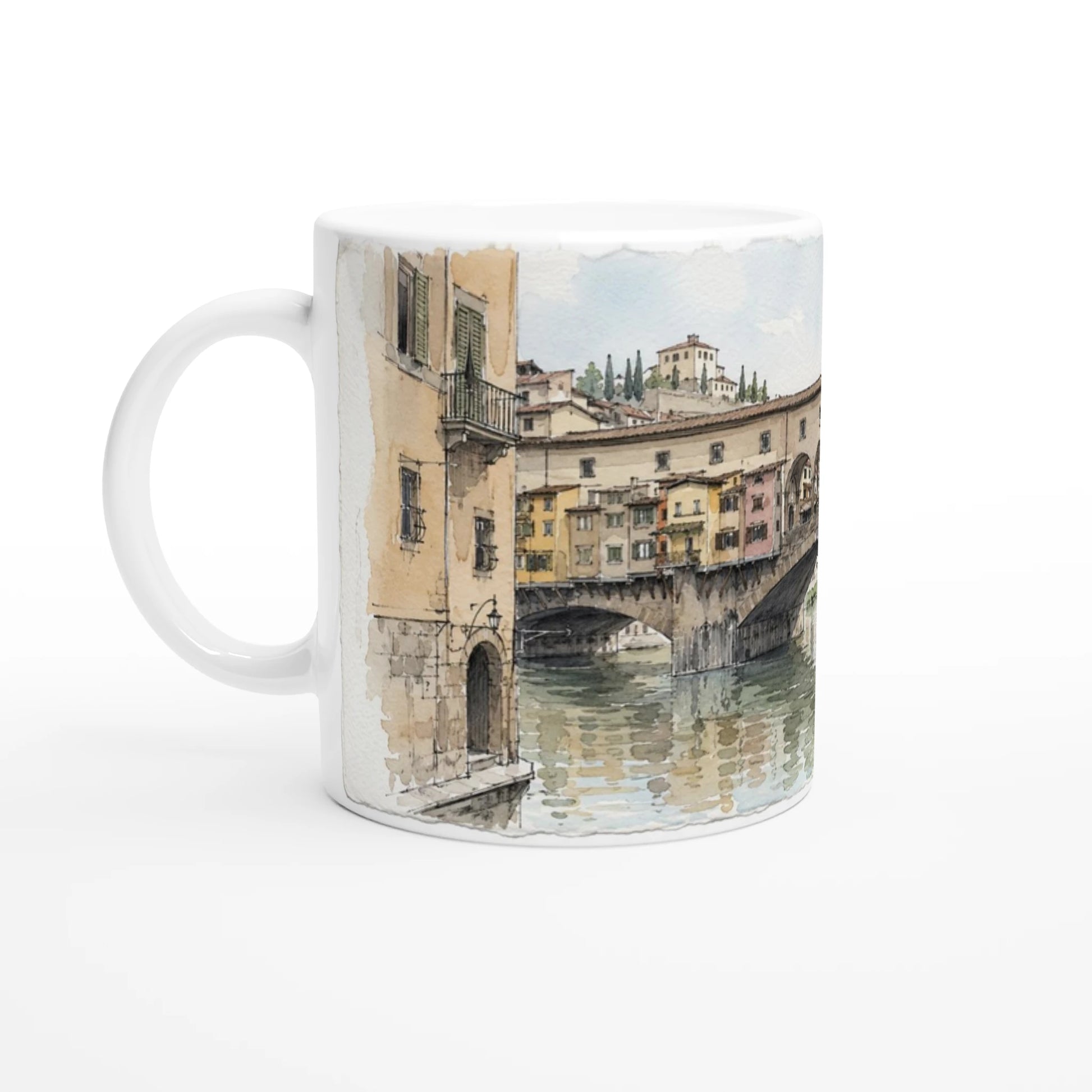 Florenz Keramiktasse mit feinen Tuschelinien, transparenten Aquarellfarben und Blick auf den Arno