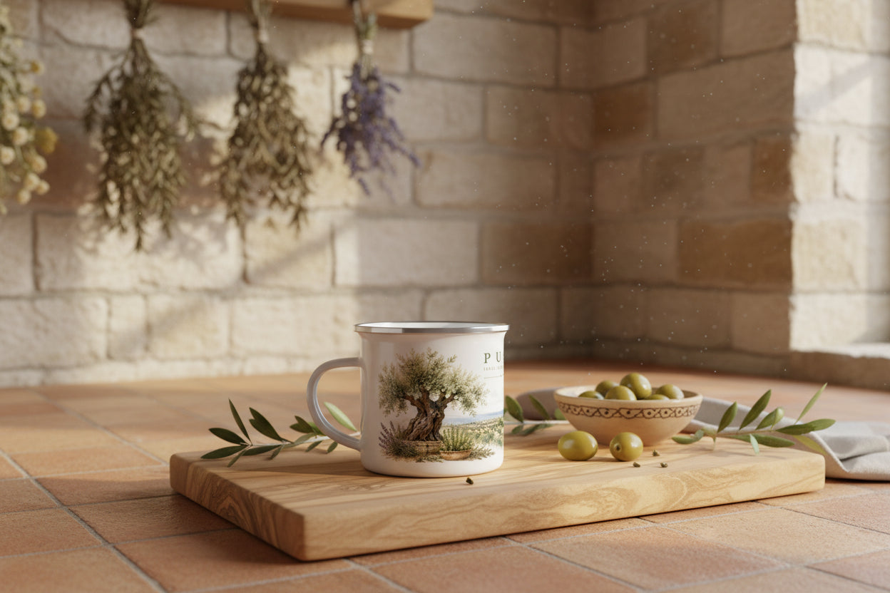 Mediterrane Landschaft Apuliens mit knorrigem Olivenbaum, traditionellen weissen Haeusern, Lavendel und Oliven als hochwertige Aquarellillustration auf einem weissen Emaille-Becher.