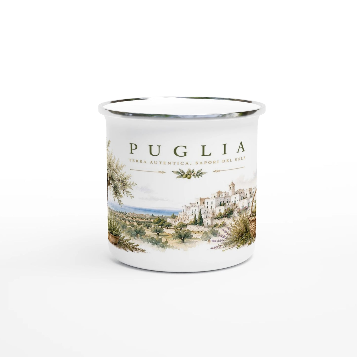 Aquarellmotiv von Apulien mit mediterraner Landschaft, uralten Olivenbaeumen, Lavendel und traditionellen Naturfarben auf weissem Emaille-Becher.